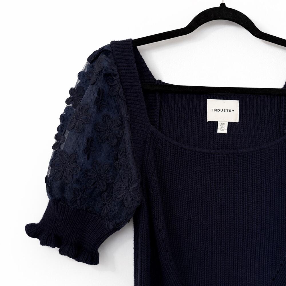 Industry Navy Knit Sweater with Embroidered Lace Puff Sleeves – Size L - Picture 3 of 5